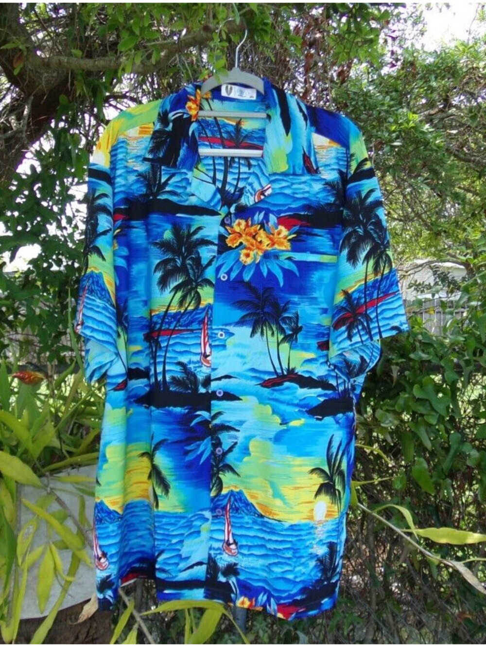 V.H.O Tropical Shirt 4XL Blue Floral Palm Island Print Sailboat Hawaiian style. - Picture 1 of 11